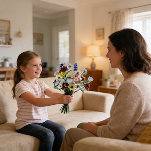 May include: A young girl presents a colorful bouquet of flowers to a woman seated on a beige sofa. The bouquet features a variety of blooms in shades of red, blue, yellow, and white. The scene takes place in a well-lit living room.