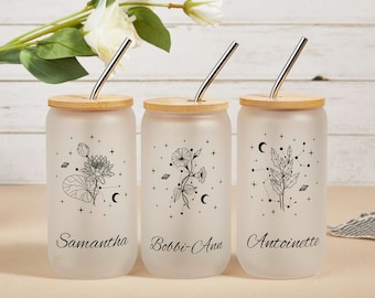Personalized Birth Flower Coffee Cup With Name, Personalized Birth Flower Tumbler, Bridesmaid Proposal, Gifts for Her, Glass Mugs