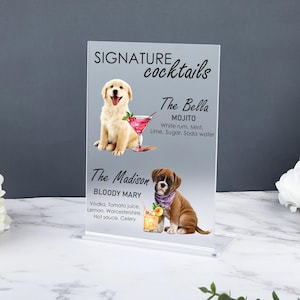 Plaque personnalisée pour cocktail d'animal de compagnie, plaque personnalisée pour boisson pour chien, menu de bar pour boissons emblématiques de chat, décoration d'enseigne pour bar de mariage, menu de bar de mariage en acrylique