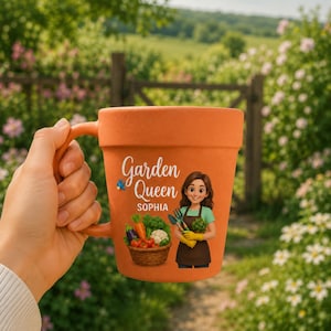May include: A terracotta-colored mug shaped like a flower pot featuring the text Garden Queen and the name Sophia. The design includes an illustration of a person in a brown apron holding gardening tools next to a basket of fresh vegetables.