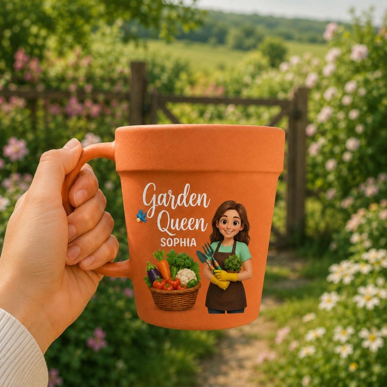 May include: A terracotta-colored mug shaped like a flower pot featuring the text Garden Queen and the name Sophia. The design includes an illustration of a person in a brown apron holding gardening tools next to a basket of fresh vegetables.