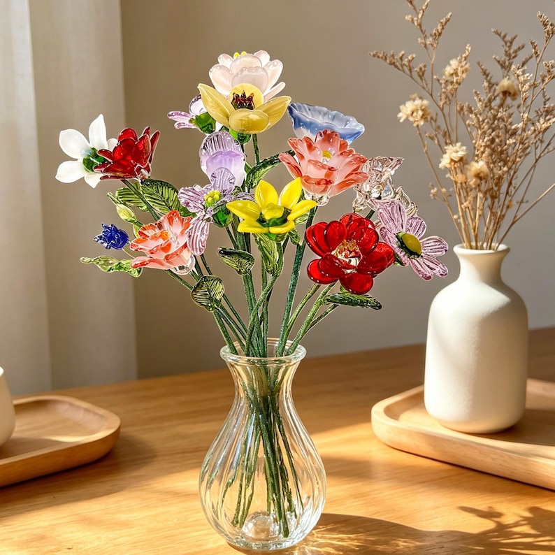 May include: A glass vase filled with colorful glass flowers. The flowers include red, yellow, pink, and white blooms with green stems. The vase is clear and sits on a wooden surface.