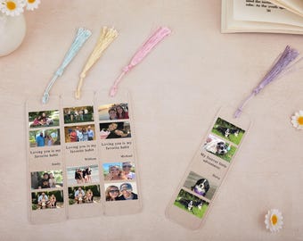 May include: Clear acrylic bookmarks with colorful tassels. Three bookmarks feature family photos and the text "Loving you is my favorite habit" with names. A fourth bookmark has dog photos and the text "My forever little adventurer."