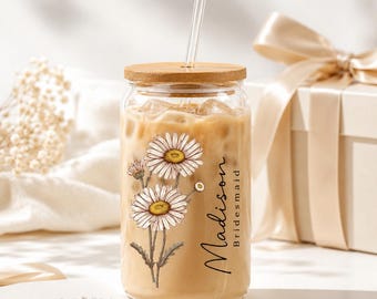 Personalized Iced Coffee Cup Floral Retro,16oz Glass Cup,Custom Birth Flower Tumbler with Lid and Straw,Bridesmaid Gift,Bridesmaid Proposal