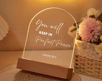 Lámpara LED cristiana personalizada, luz nocturna con versículo bíblico personalizado, decoración religiosa, lámpara con versículo bíblico y base de madera, regalo para nuevo hogar, regalo de Navidad