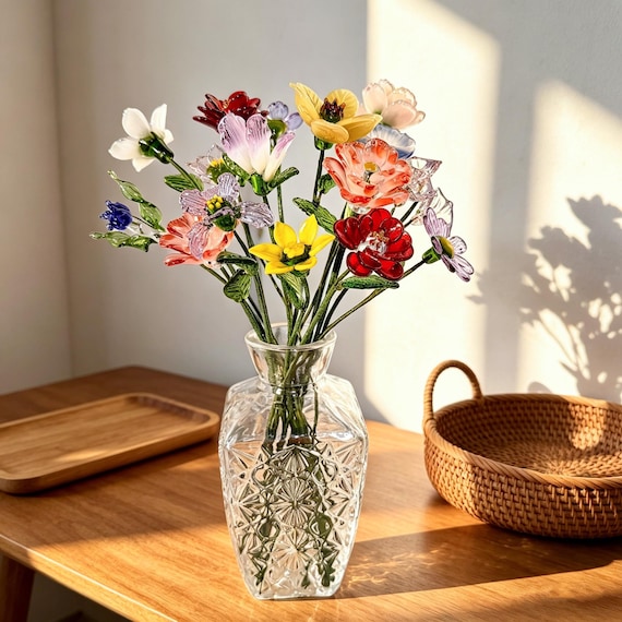 Hand Blown Glass Birth Flower, Glass Birth Flower Bouquet, Gift for Mom, Floral Keepsake, Stained Glass Flower, Father's Day Gift