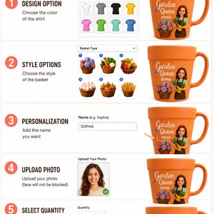 May include: An instructional graphic titled HOW TO PERSONALIZE Your Unique Flower Pot Mug, showing six steps to customize a terracotta-colored mug with a Garden Queen illustration, name, and basket design, including dropdown menus and buttons.