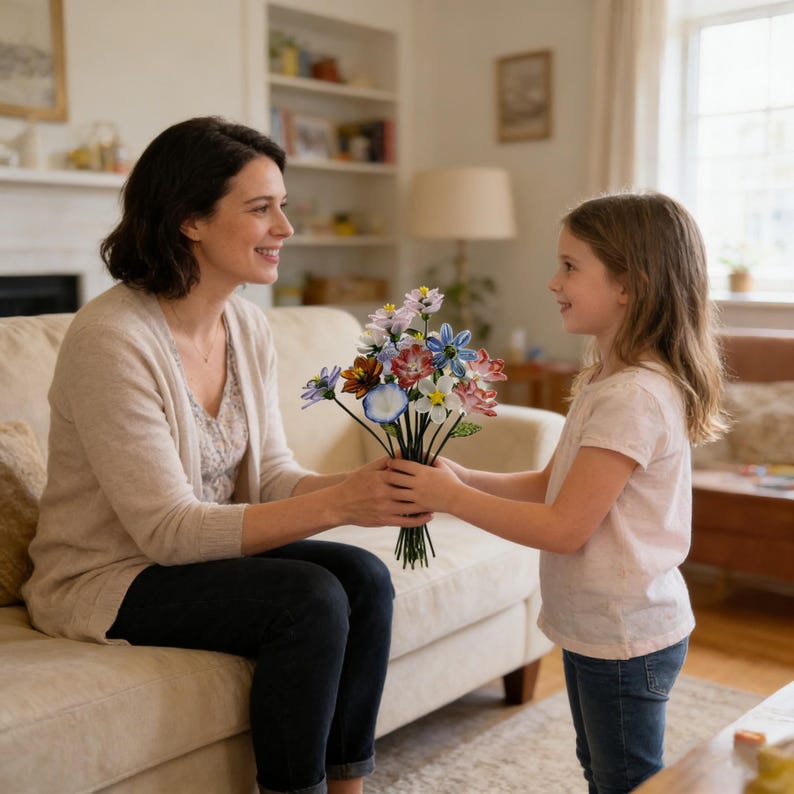 May include: A bouquet of colorful artificial flowers with various petal designs is being handed from a young girl to an adult woman. The flowers include red, blue, and white petals. The woman is seated on a beige sofa.