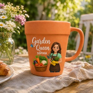 Op de afbeelding: Een terracotta-kleurige keramische mok in de vorm van een bloempot. De voorzijde bevat de tekst Garden Queen en de naam SOPHIA, vergezeld van een illustratie van een persoon die tuingereedschap vasthoudt naast een mand vol verse groenten.