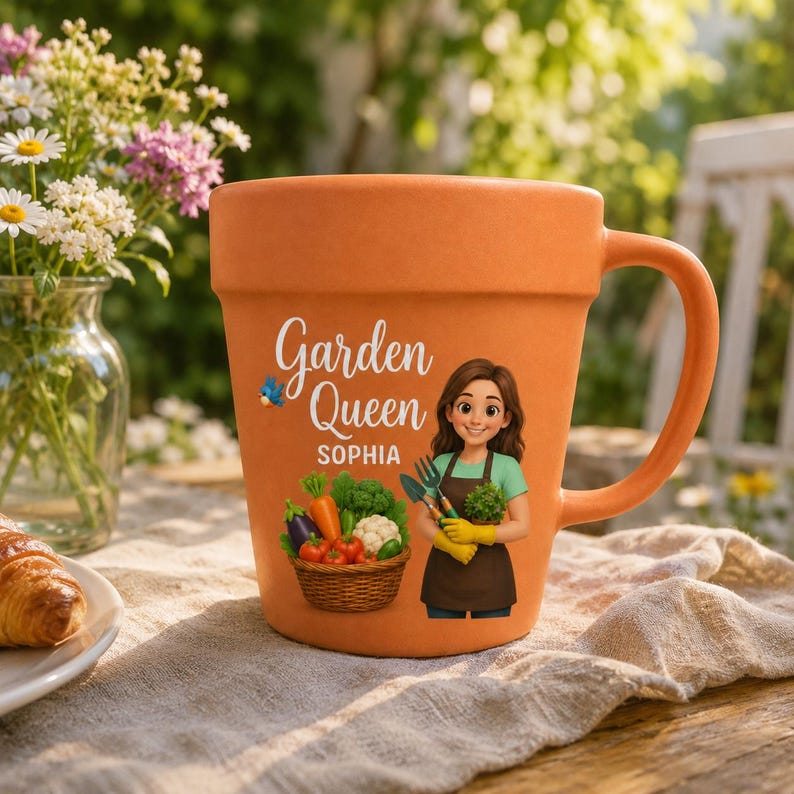 May include: A terracotta-colored ceramic mug shaped like a flower pot. The front features the text Garden Queen and the name SOPHIA, accompanied by an illustration of a person holding gardening tools next to a basket filled with fresh vegetables.