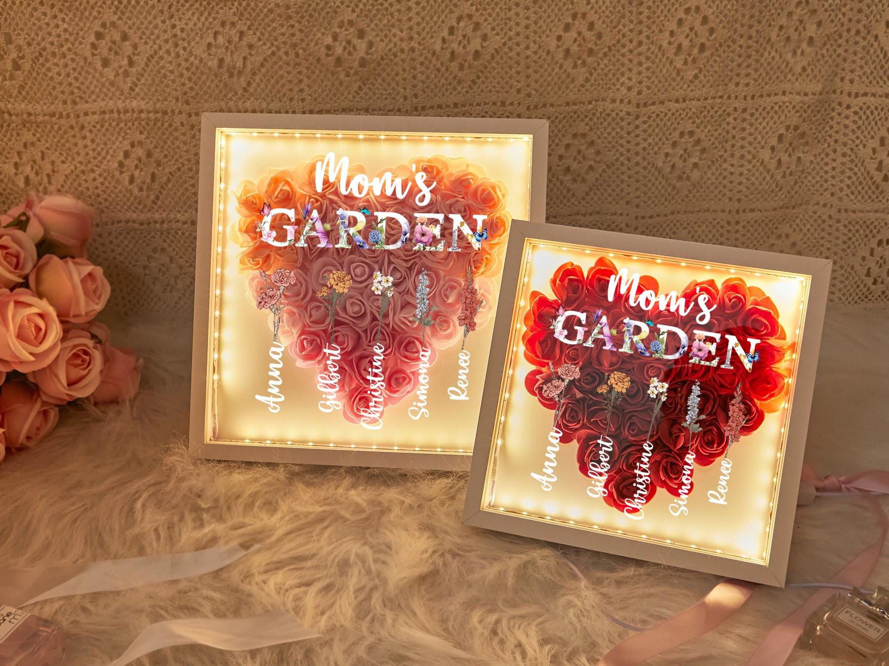 誕生月の花が描かれたLEDライトシャドーボックス、名前入りバラの