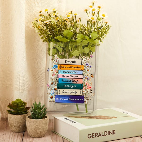 Vaso de acrílico personalizado em formato de livro para flores, presente para amantes de livros e bibliotecários, decoração exclusiva para casa.