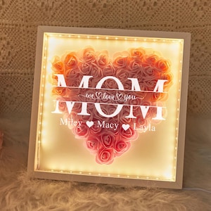 Personalisierte Mom Blumen Schattenbox mit Kinder Namen, benutzerdefinierte Herz Rose Rahmen Dekorationen, Rosen Schattenbox, Mama Rose Rahmen Box, Muttertagsgeschenk