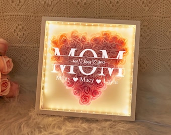 Personalized Mom Flower Shadow Box with Kids Name,Custom Heart Rose Frame Decorations,Roses Shadowbox,Mom&#39;s Rose Frame Box,Mother&#39;s Day Gift