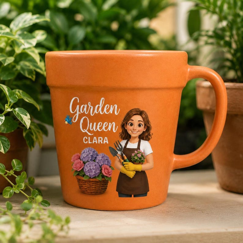 May include: A terracotta-colored ceramic mug shaped like a flower pot. The front features the text Garden Queen CLARA, an illustration of a person in a brown apron holding gardening tools, and a woven basket filled with purple and pink flowers.