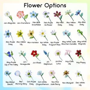 May include: A chart titled "Flower Options" displays various flower illustrations with their names and corresponding months. The flowers include magnolias, carnations, daisies, lilies, and more, each in a unique color palette.
