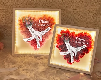 Customized Rose Flower Shadow Box With Light,Personalized Mom Flower Shadow Box,Hand By Hand Custom Mom Flower Shadow Box, Mother's Day Gift