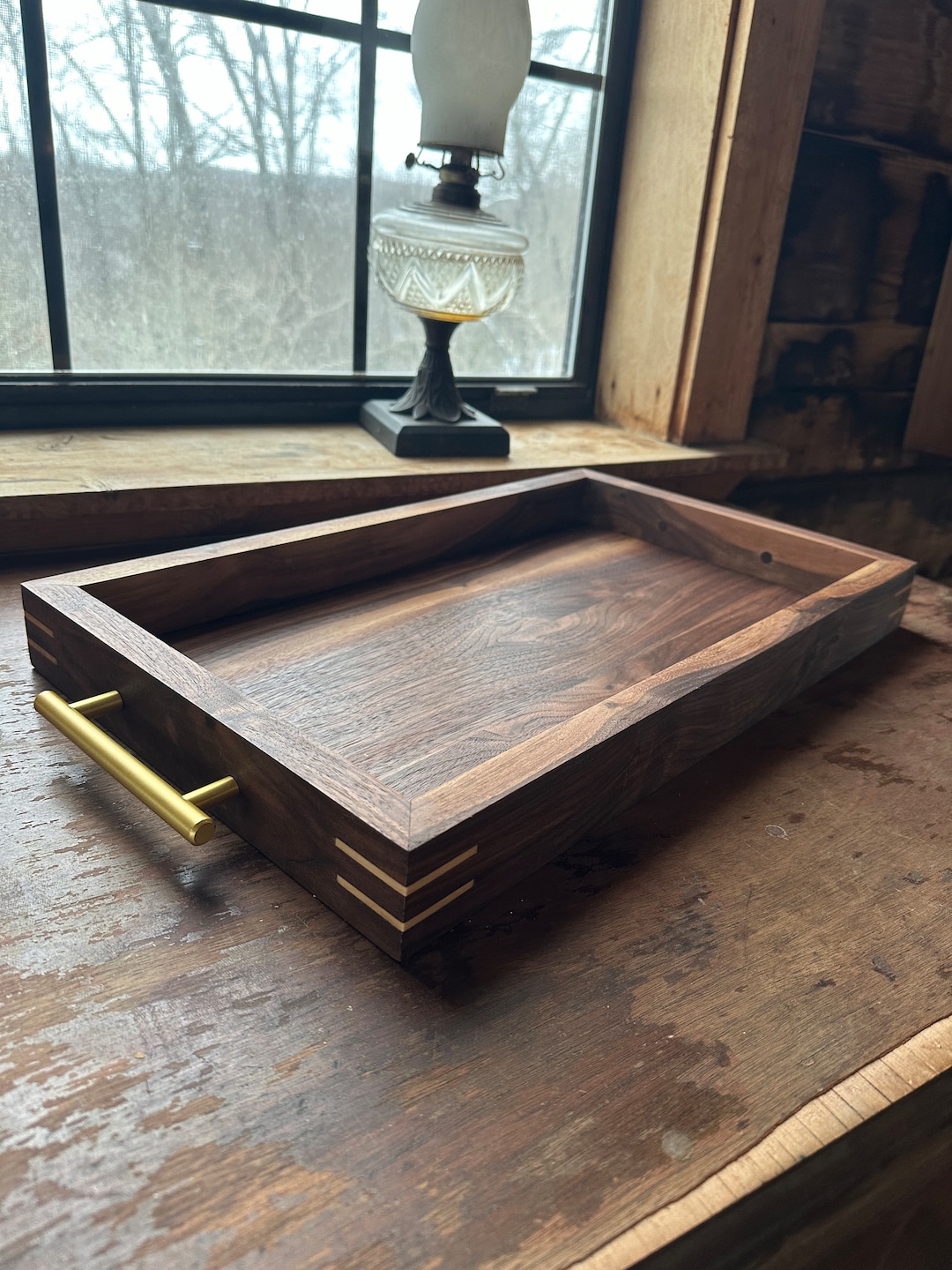 Large Walnut Ottoman Tray With Maple Splines and Brass Handles Etsy