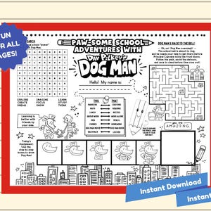 Puede incluir: Hoja de actividades en blanco y negro con "Paw-some School Adventures with Dog Man". Incluye una sopa de letras, un laberinto, indicaciones para dibujar y secciones para completar. La hoja está diseñada para la diversión y el aprendizaje.