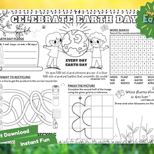 以下が含まれることがあります： 白黒の印刷可能なアースデイアクティビティシート。単語検索、誓約、リサイクルへの道、完成させる絵が含まれています。シートには、「アースデイを祝う」と「毎日アースデイ」というテキストが含まれています。