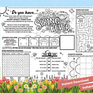 May include: Black and white printable activity sheet with the title "SPRING FEVER" and a grumpy monkey illustration. Includes a maze, word search, drawing challenge, and other fun activities. Features the text "Instant Download" and "Instant Fun".