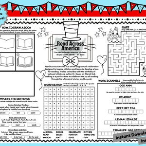 May include: A colorful printable worksheet with activities for kids, including a maze, word search, word scramble, and a drawing prompt. The worksheet features the text "Read Across America" and a cartoon illustration of a hat.