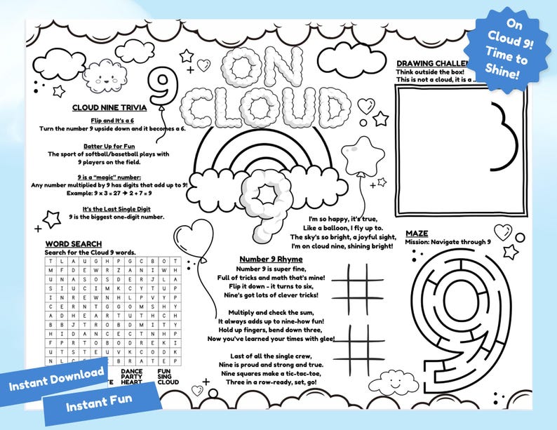 Cloud 9 Birthday Activity Sheet | Printable | Instant Download - Etsy