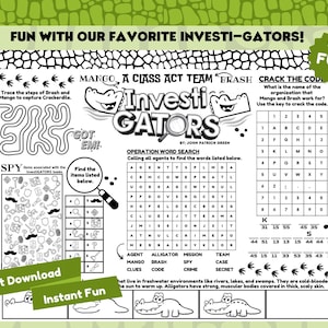 May include: A black and white printable activity sheet featuring a word search, a code-breaking puzzle, and a maze. The sheet is titled "Fun with our Favorite Investi-gators!" and includes the words "Investi-gators" and "Operation Word Search".