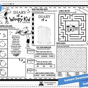 May include: Black and white printable activity sheet featuring the Diary of a Wimpy Kid character Greg Heffley. The sheet includes a drawing challenge, a maze, a word search, and fun facts about the book series.