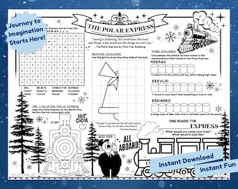 Könnte beinhalten: Schwarz-weiß Polar Express-Aktivitätsblatt mit Labyrinthen, Worträtseln und Zeichenherausforderungen. Enthält einen Zug, einen Schaffner und Text mit der Aufschrift "Journey to Imagination Starts Here!" und "Instant Download Instant Fun."