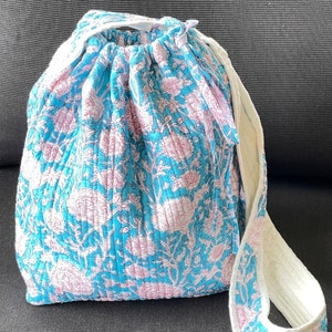 Double String Crossbody Bag, Round Quilted Project Bag, Potli Bag, Travel bag, Cosmetic Bag String Bag, Knitting Bag, Gift for Her