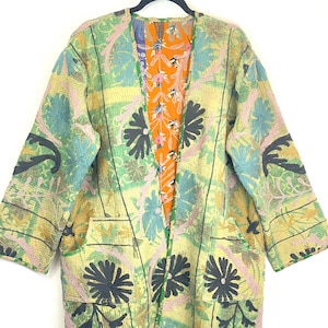 Boho Kantha Suzani Jacket, Hand Embroidered Wool Suzani Jacket, Free Size Reversible Vintage Green Kantha Suzani Coat, Ethical SlowFashion,