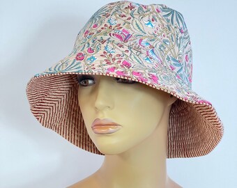 Cappello a secchiello in cotone, cappello da spiaggia, accessori da viaggio, cappello stampato a blocchi, cappello da sole reversibile in cotone, regalo per lei, abbigliamento estivo