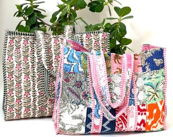 Floral Patchwork, Pink/Green Grocery Market Tote Bag Gift for Mamma Reversible Blockprinted cotton Shopping Bag Shoulder Bag Travel bag