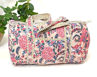 Baumwoll-Patchwork-Seesack mit Pfirsich-Blumenmuster, Wochenend-Reisetasche, handbedruckt, floral, umweltfreundlich, nachhaltig, Yoga-Tasche, Fitnessstudio