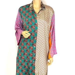 Camisa longa de seda boho, vestido de camisa de seda, blusa longa de seda, sari de seda, roupa boho, camisa estilo vintage, presente para ela, túnica de seda boho indiana