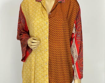 Bohozijden tuniek met knopen, zijden lang shirt, zijden lange blouse, zijden sari bohokleding, zijden shirt dames, cadeau voor haar, tops en shirts