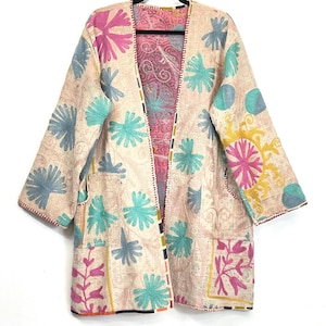 Boho Kantha Suzani Jacket, Hand Embroidered Wool Suzani Jacket, Free Size Reversible Vintage Cotton Kantha Suzani Coat, Ethical SlowFashion,
