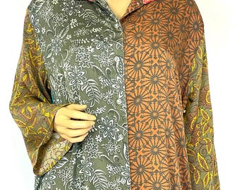 Lang shirt van gerecyclede zijde boho: zijden blouse dames, vintage zijden shirt, cadeau voor haar, jubileumcadeau,