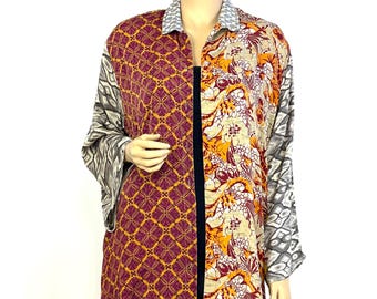 Zijden overhemdjurk, zijden tuniek met knopen, zijden damesblouse met zakken, boho vintage blouse, cadeau voor haar, retromode