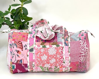 Rosa Patchwork Blumen Seesack Wochenend-Reisetasche Baumwolle Handbedruckt Floral Umweltfreundliche nachhaltige Yoga-Tasche Gym väska