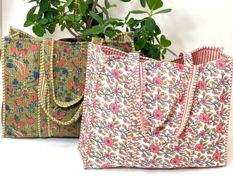 Floral Pink or Green Grocery Market Tote Bag Gift for Mamma Reversible Blockprinted cotton Shopping Bag Shoulder Bag Travel bag