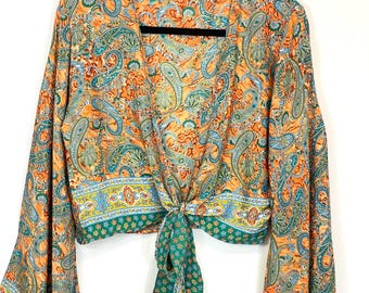 Boho Bell Sleeve Tie Top, Front Tie Top, Festival Top, Crop top, Hippie Boho Beach Top, Vintage Clothing, Free Style 3 way, Vintage Shirt