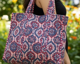 Velvet Tote Bag, Quilted Cotton Tote, Market Bag, Shopping Bag, Shoulder Bag, Gift For Her, Block print Tote, Travel Bag