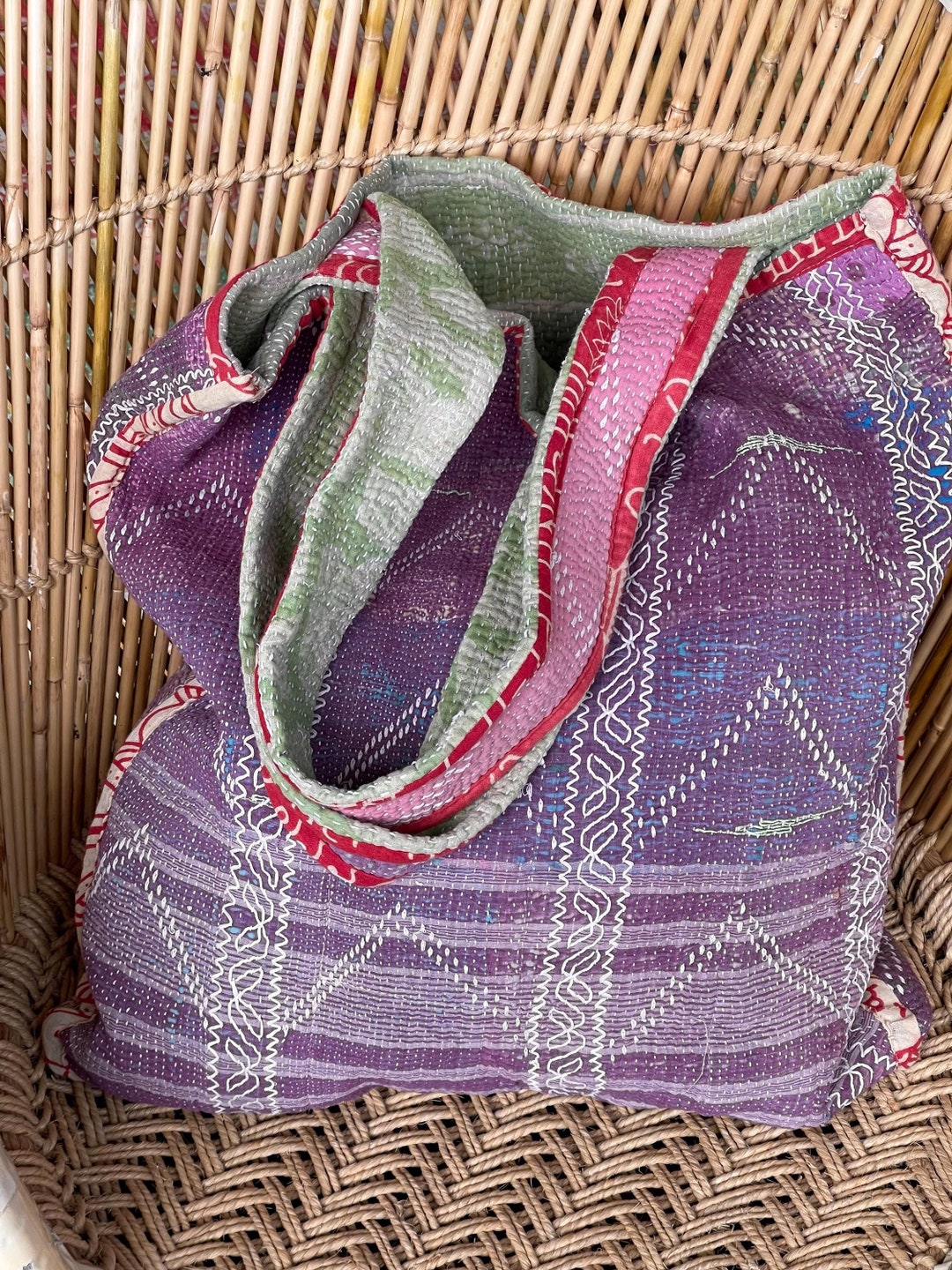 Green - Handmade Gamcha Fabric Kantha Work Tote Bag