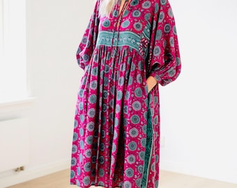 Silk Dress, Silk Dress with Pockets, Silk Sari Dress, Boho Clothing, Indian Silk Dress, Vintage Clothing, Party Dress, Christmas Gifts