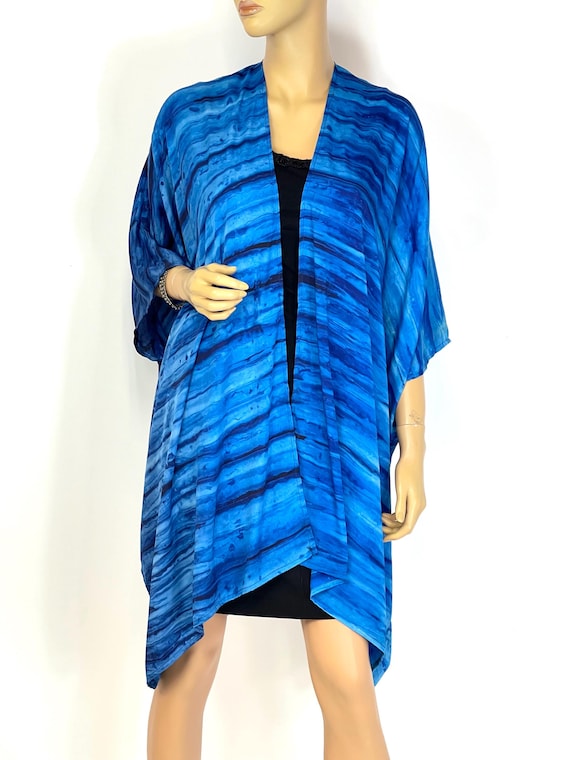 Kimono de seda, chal de seda azul teñido anudado, kimono