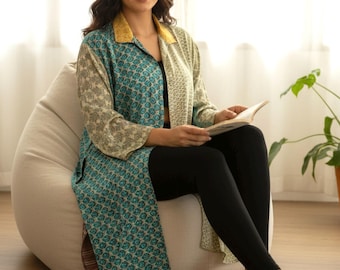 Bohozijden tuniek met knopen, zijden lang shirt, zijden lange blouse, zijden sari bohokleding, zijden shirt dames, cadeau voor haar, tops en shirts
