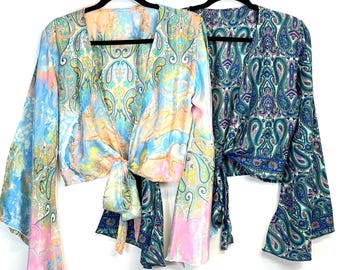 Front Tie Top set, Wrapup Tops, Gift Bohamian style, Hippie Boho WrapTops, Vintage Retro Top,Flare Sleeve Free Style 3 way, Bell Sleeves