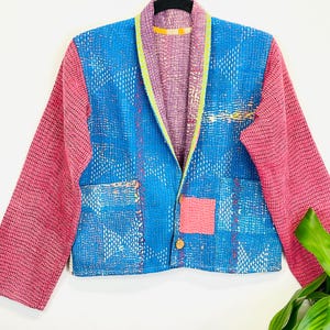 Kantha Short Jacket, S/M Cotton Reversible Vintage Kantha Crop Jacket, Vintage Kantha Jacket, Handmade Boho Kantha Jacket, Gift for Her